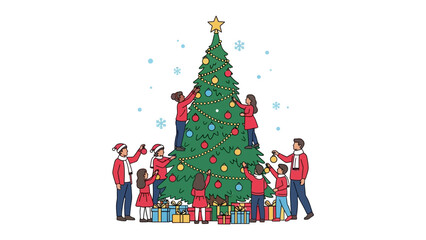 Holiday Cheer: A joyful gathering of individuals adorn a Christmas tree, radiating warmth and excitement. A festive ambiance fills the air as they decorate the tree. 