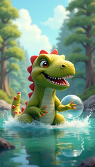 Smiling green dinosaur playing with a bubble in water with forest background