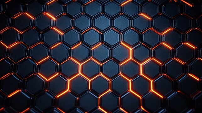 dark hexagonal grid with glowing orange lines forming interconnected honeycomb pattern conveying futuristic and technological energy - Powered by Adobe