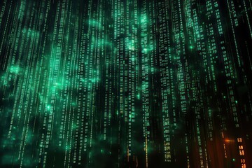 Digital rain of glowing green code columns falling vertically on a dark background creating a futuristic and mysterious atmosphere
