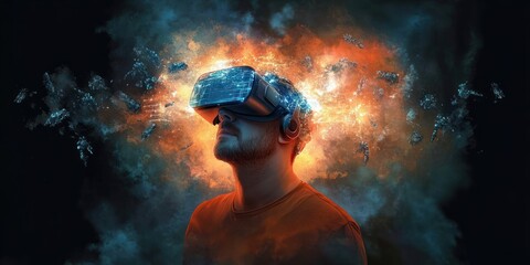 Man wearing virtual reality headset immersed in a digital explosion with bright orange and blue glowing effects suggesting intense experience
