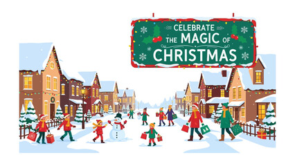 Christmas Town: Illustrative representation of holiday season in a town, with cheerful community gathering and snowy surroundings, creating a charming and festive scene.