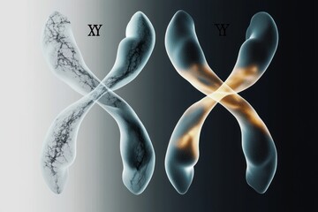 Detailed scientific illustration of two chromosomes marked XY and YY with textured surfaces and gradient background
