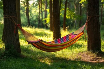 Colorful striped hammock suspended between two trees in a sunlit forest clearing creating a peaceful and relaxing atmosphere