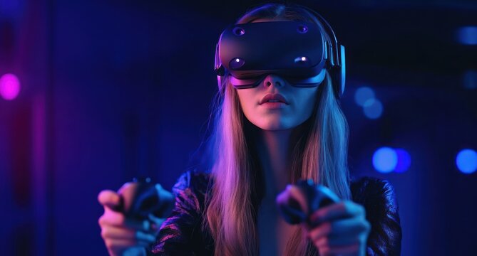 Young woman immersed in virtual reality experience wearing headset and holding motion controllers in dark room with colorful neon lighting - Powered by Adobe