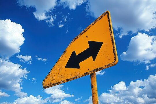 weathered yellow road sign with two black arrows pointing left and right against a bright blue sky with scattered white clouds