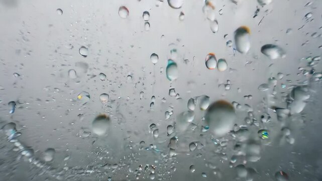 Close-up of water droplets with iridescence against a gray background