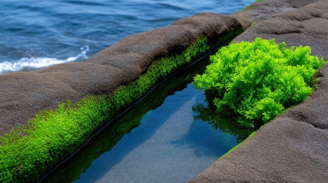 Vibrant Green Moss Thriving in a Coastal Tide Pool Reflecting Clear Blue Sky on Rocky Shoreline
