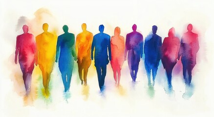 colorful watercolor silhouettes of ten people walking forward with vibrant gradient hues blending into each other creating a dynamic and energetic mood