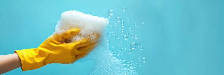 Hand wearing bright yellow rubber glove holding a soapy sponge with foam and bubbles against a blue background representing cleaning and hygiene