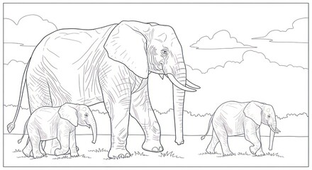 Family of elephants walking in a natural environment illustration