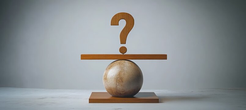 Wooden question mark balanced on a wooden beam and a round stone sphere against a plain neutral background symbolizing uncertainty and balance