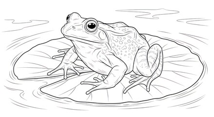 Frog resting on lily pad in calm water illustration for coloring book