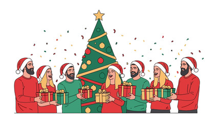 Christmas Gift Exchange: A festive scene unfolds as a group of individuals exchange beautifully wrapped gifts beneath a brightly adorned Christmas tree.
