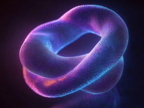 Glowing futuristic torus shape composed of vibrant purple and blue digital particles suspended in dark space emitting a soft luminous aura - Powered by Adobe