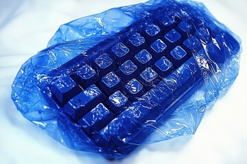dark keyboard covered with translucent blue plastic wrap lying on a white surface, creating a shiny and slightly distorted effect