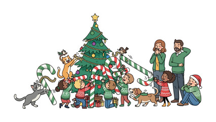 Joyous Holiday Scene: A heart-warming illustration of a family and their pets uniting to decorate a christmas tree, evoking feelings of joy, togetherness, and holiday spirit.