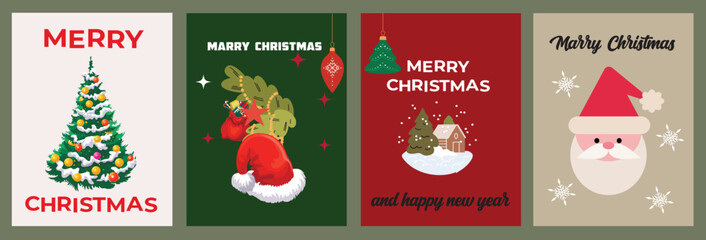 Four festive christmas greeting cards featuring decorated trees and santa claus with merry christmas messages