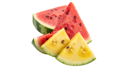 Colorful slices of watermelon and yellow watermelon arranged creatively a transparent background