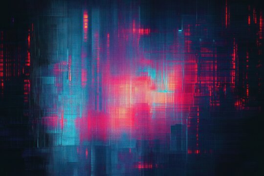 Abstract digital artwork with vibrant red, pink, and blue light streaks forming a complex grid pattern creating a futuristic and dynamic glowing effect