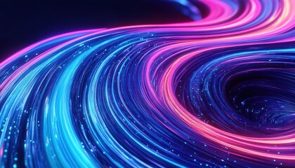 Swirling vibrant blue and pink luminous strands creating a dynamic vortex effect with sparkling particles in a futuristic abstract scene