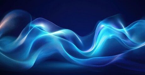Abstract flowing blue waves of light with translucent and glowing particles on a dark background conveying motion and energy