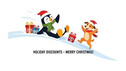 Winter Holiday Festivities: Festive penguin and dog with santa hat enjoy sledding in the snow with gift boxes. A season of joy and celebration.