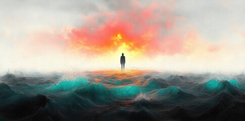 Silhouette of a person standing alone on turbulent ocean waves with a dramatic fiery sunset sky in the background, evoking solitude and introspection