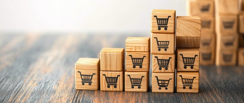 Stacked wooden blocks with shopping cart icons arranged in ascending order representing growth or increase in shopping or e-commerce