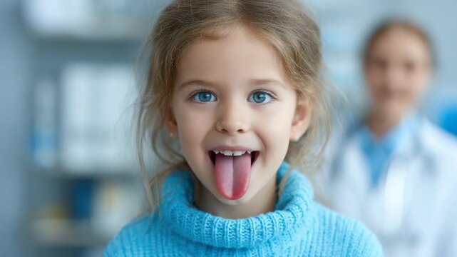Close-up of a young girl with bright blue eyes, sticking out her tongue, in a medical setting.  A blurred figure of a medical professional is in the background