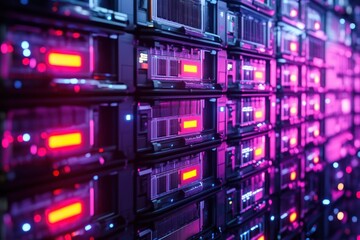 Close-up view of multiple data servers with glowing red display panels and blue indicator lights in a dimly lit, technologically advanced environment