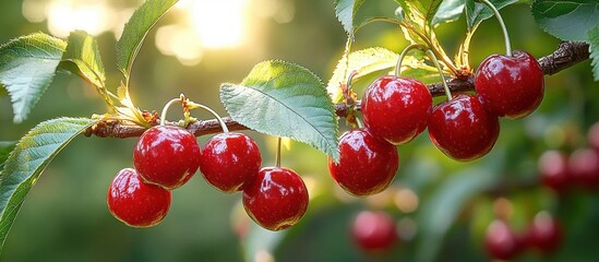 Bright red cherries hanging in clusters on tree branches with green leaves backlit by warm sunlight creating a fresh and vibrant natural scene