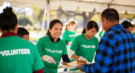 Group of volunteers serving food. They wear green shirts marked "Volunteer", showing commitment and community spirit, representing service to others