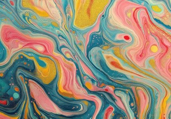 Vibrant fluid abstract painting with swirling patterns of pink, blue, yellow, and gold tones creating dynamic, flowing textures and bubbles