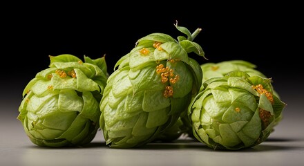 Obraz premium Close-up of several vibrant green hop cones, detailed and isolated against a dark backdrop