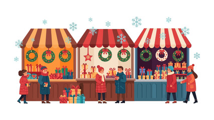 Festive Marketplace: A vibrant Christmas market scene, bustling with shoppers and decorated stalls filled with holiday treasures, creating a joyful and seasonal atmosphere.