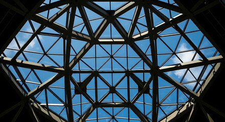 Geometric glass ceiling structure against a bright blue sky
