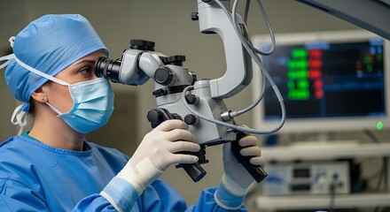 A skilled female surgeon focuses intently on a surgical microscope during a medical procedure in a modern operating room.