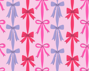 Seamless pattern with pink, red, and purple ribbons and bows. Vector graphics.