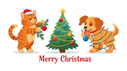 Christmas cheer shared by cat and dog: A vibrant depiction of the holiday spirit, featuring a playful kitten and a joyful puppy adorning a Christmas tree, radiating warmth and merriment.