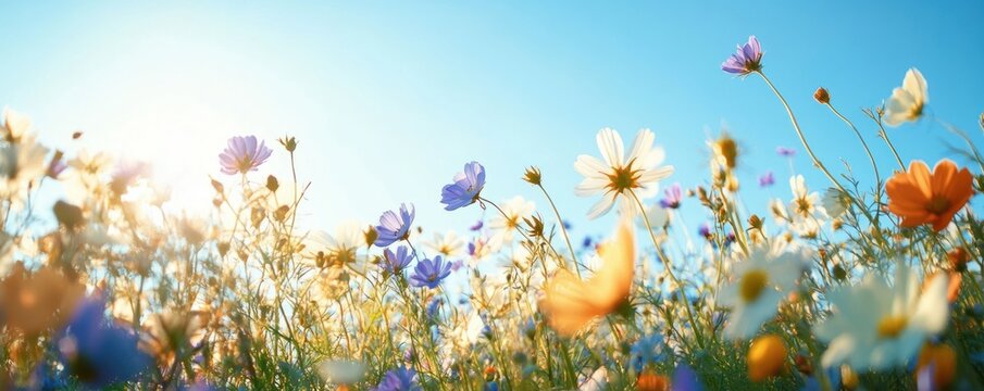 Bright sunny meadow filled with colorful wildflowers gently swaying under clear blue sky creating a peaceful and uplifting natural scene