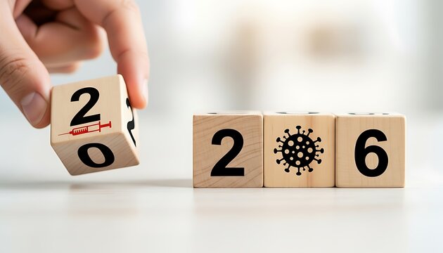 Hand flipping wooden block from 2020 to 2026 with virus symbol, representing the impact of the pandemic on the future