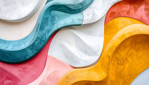 Vibrant abstract wavy pattern on smooth cement wall, dynamic curves and flowing shapes, modern