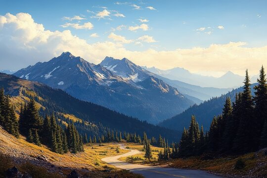 Winding road through lush green forested mountain valley under a bright blue sky with scattered clouds and distant rugged peaks - Powered by Adobe