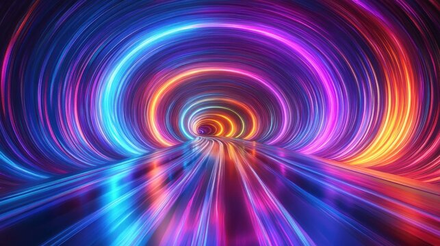 Vibrant glowing circular tunnel with bright multicolored neon lights reflecting on a smooth futuristic pathway evoking motion and energy