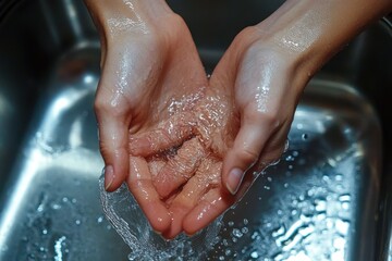 Fototapeta premium Close-up of hands cupping clear water over a silver sink, capturing the flow and splash of water with a refreshing and clean feeling