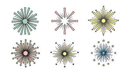 A collection of six colorful, retro-style firework or starburst illustrations on a white background.