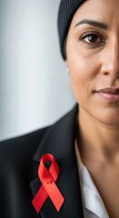 Woman with red ribbon on black jacket, symbolizing aids awareness and support.
