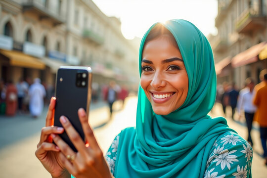 Smiling woman in black hijab looking takes selfie on street