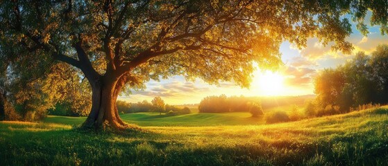 Large tree with sprawling branches casting shadows over a grassy field during a golden sunset with a vibrant sky and distant trees